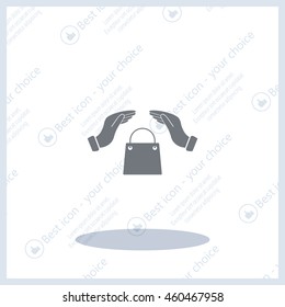hands and shopping bag, sign purchase protection web icon. 