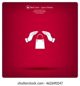 hands and shopping bag, sign purchase protection web icon. 