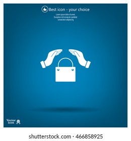 hands and shopping bag, sign purchase protection web icon. 