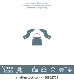hands and shopping bag, sign purchase protection web icon. 