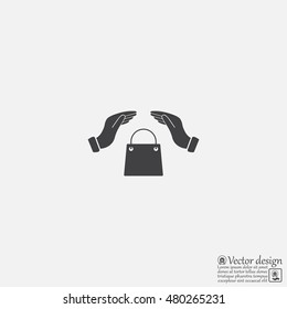 hands and shopping bag, sign purchase protection web icon. 