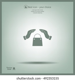 hands and shopping bag, sign purchase protection web icon. 