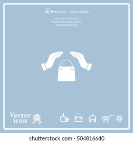 hands and shopping bag, sign purchase protection web icon. 