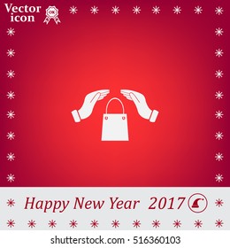 hands and shopping bag, sign purchase protection web icon. 