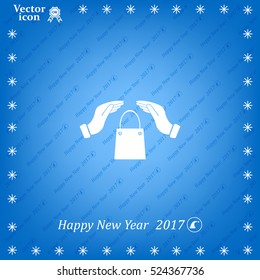 hands and shopping bag, sign purchase protection web icon. 