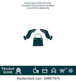 hands and shopping bag, sign purchase protection web icon. 