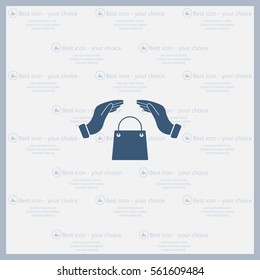 hands and shopping bag, sign purchase protection web icon. 