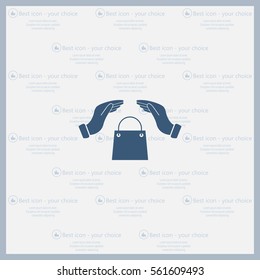 hands and shopping bag, sign purchase protection web icon. 