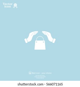 hands and shopping bag, sign purchase protection web icon. 