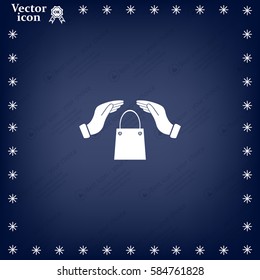 hands and shopping bag, sign purchase protection web icon. 