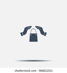 hands and shopping bag, sign purchase protection web icon. 