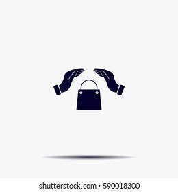 hands and shopping bag, sign purchase protection web icon. 