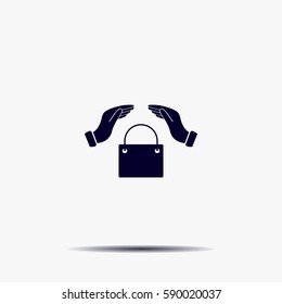 hands and shopping bag, sign purchase protection web icon. 