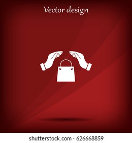 hands and shopping bag, sign purchase protection web icon. 