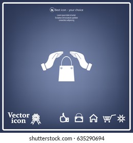 hands and shopping bag, sign purchase protection web icon. 