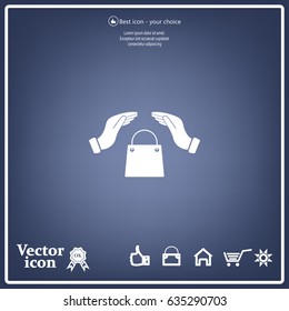 hands and shopping bag, sign purchase protection web icon. 