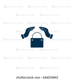 hands and shopping bag, sign purchase protection web icon. 