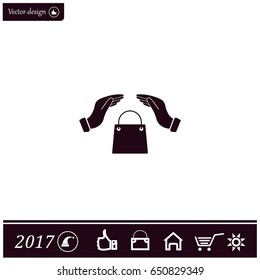 hands and shopping bag, sign purchase protection web icon. 