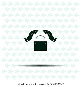hands and shopping bag, sign purchase protection web icon. 