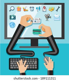 Hands with shopping and business elements isolated on colored computer monitor 