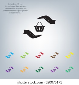 hands and shopping cart, purchase protection web icon. vector