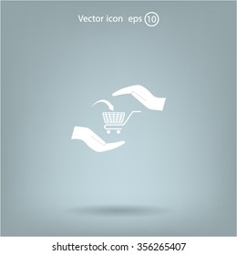 hands and shopping cart, purchase protection web icon.