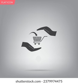 hands and shopping cart, sign purchase protection web icon. vect