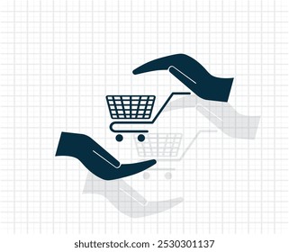 hands and shopping cart, sign purchase protection web icon. vect