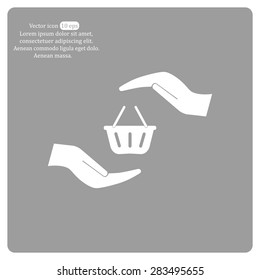 hands and shopping cart, sign purchase protection web icon. vect