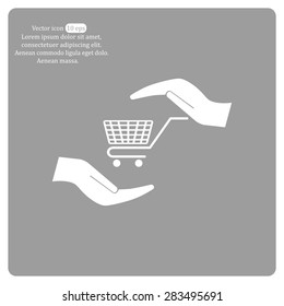 hands and shopping cart, sign purchase protection web icon. vect