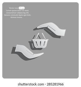 hands and shopping cart, sign purchase protection web icon. vect