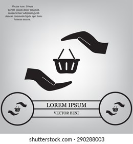 hands and shopping cart, sign purchase protection web icon. vect