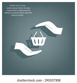 hands and shopping cart, sign purchase protection web icon. vect