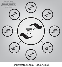 hands and shopping cart, sign purchase protection web icon. vect
