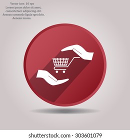 hands and shopping cart, sign purchase protection web icon. vect