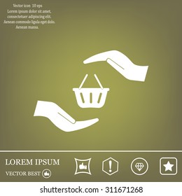 hands and shopping cart, sign purchase protection web icon. vect