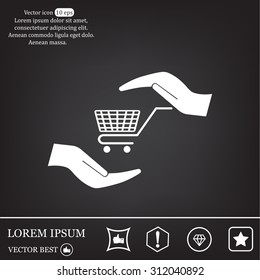 hands and shopping cart, sign purchase protection web icon. vect