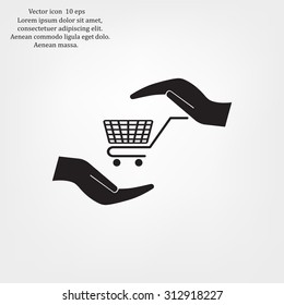hands and shopping cart, sign purchase protection web icon. 