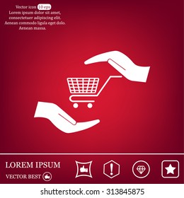 hands and shopping cart, sign purchase protection web icon. vect
