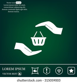 hands and shopping cart, sign purchase protection web icon. vect