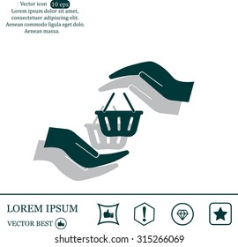 hands and shopping cart, sign purchase protection web icon. vect