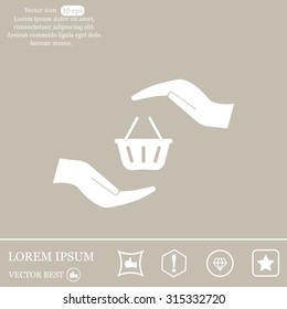 hands and shopping cart, sign purchase protection web icon. vect