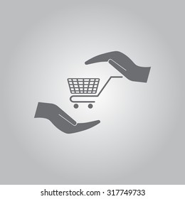 hands and shopping cart, sign purchase protection web icon. vect