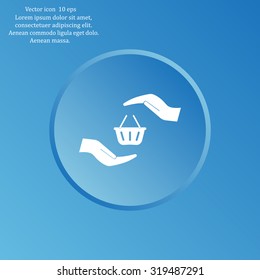 hands and shopping cart, sign purchase protection web icon. vect