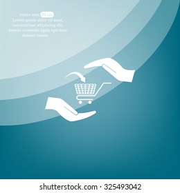 hands and shopping cart, sign purchase protection web icon. vect