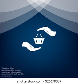 hands and shopping cart, sign purchase protection web icon. vect