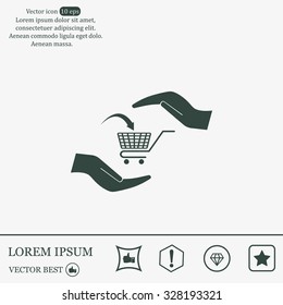 hands and shopping cart, sign purchase protection web icon. vect