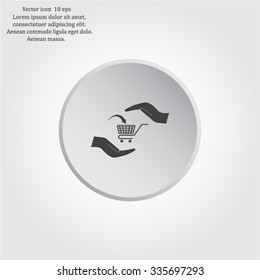 hands and shopping cart, sign purchase protection web icon. vect