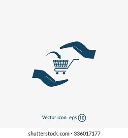 hands and shopping cart, sign purchase protection web icon. vect