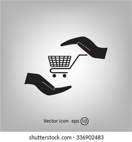 hands and shopping cart, sign purchase protection web icon. vect